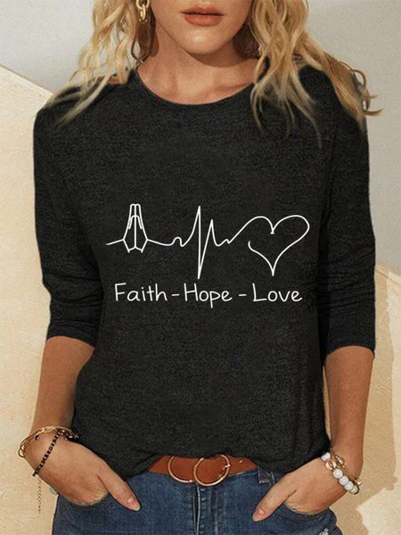 

Faith Hope Love Letters Printed Long Sleeves Crew Neck Plus Size Casual Tops, Black, T-Shirts