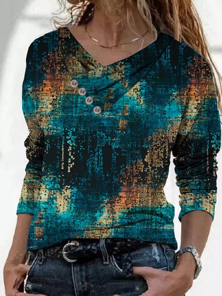 

Casual Long Sleeve V Neck Plus Size Printed Tops, As picture, Tops