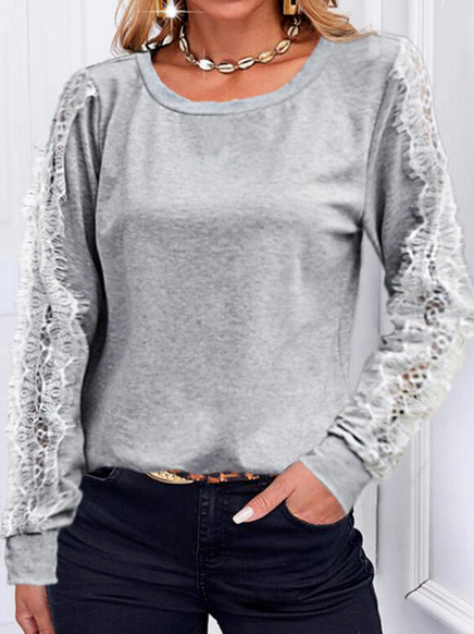 

Regular Fit Crew Neck Casual Lace Shirts & Tops, Gray, Long sleeve tops