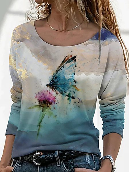 

Colorful Butterfly Print Long Sleeve Round Neck T-shirt, Multicolor, Long sleeve tops