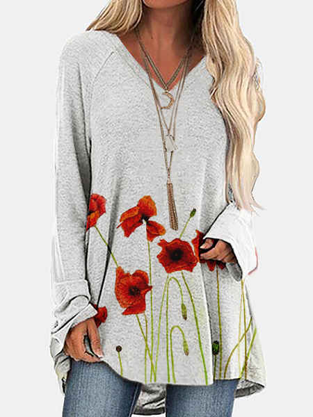 

Plus size Poppy Floral V Neck Shirts & Tops, Gray, T-Shirts