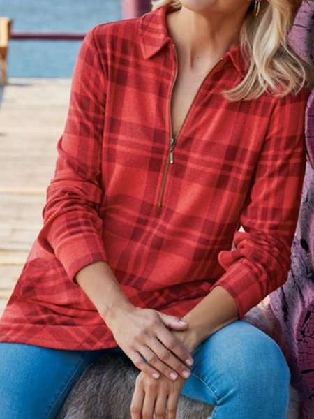 

V Neck Casual Loosen Grid Shirts & Tops, Red, Sweatshirts & Hoodies