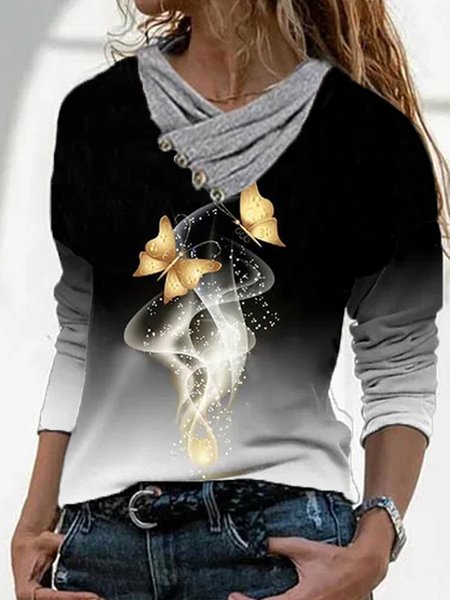 

Butterfly Printed Cowl Neck Long Sleeve Casual Shirts & Tops, Black, T-Shirts