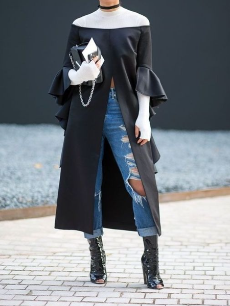 

Spring Crew Neck Color Block Formal Date Party Color Block Tops, Black-white, Blouses and Shirts