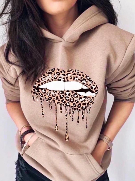 

Lip Cheetah Print Pocket Design Hooded Top, Khaki, Sweatshirts & Hoodies