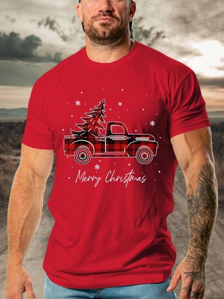 

Men's Merry Christmas Buffalo Truck Tree Casual Cotton T-shirt, Red, T-shirts