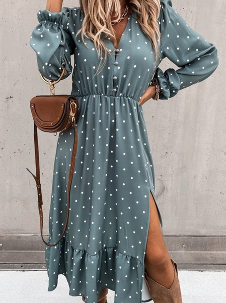 

Polka Dots Casual V Neck Dresses, Sky blue, Midi Dresses