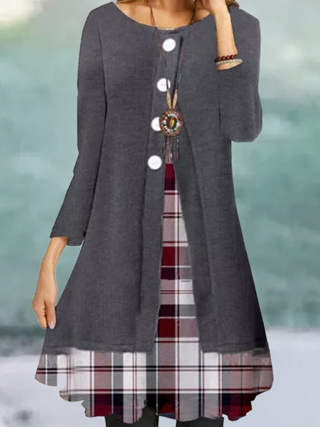 

Fashion O-Neck Plaid Patchwork Casual Dress, Gray, Casual Dresses