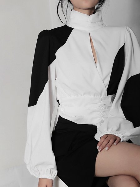 

Elegant Stand Collar Simple Regular Fit Top, White, Blouses and Shirts