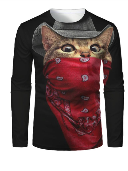 

Casual Cotton Long Sleeve Shirts & Tops, Black&red, T-shirt