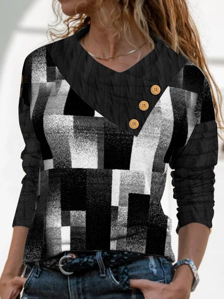 

Geometric check stitching twist pattern loose long sleeve pile neck elastic zipper top women's T-shirt, Black, Long sleeve tops
