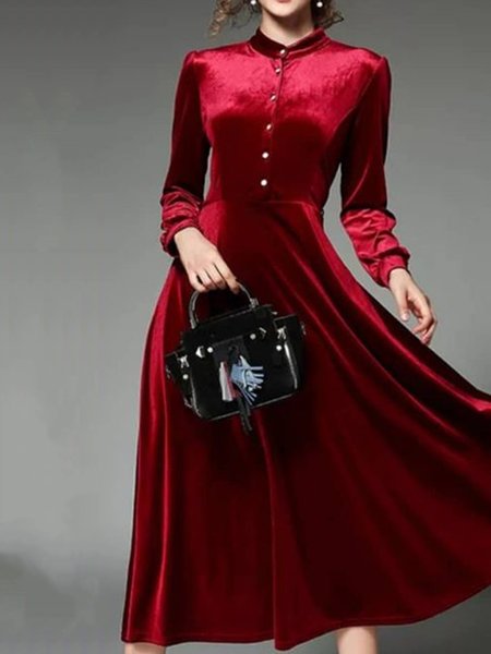 

Stand Collar Elegant Regular Fit Dress, Wine red, Midi Dresses