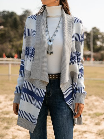 

Boho Woven Acrylic Long Sleeve Outerwear, Blue, Outerwear