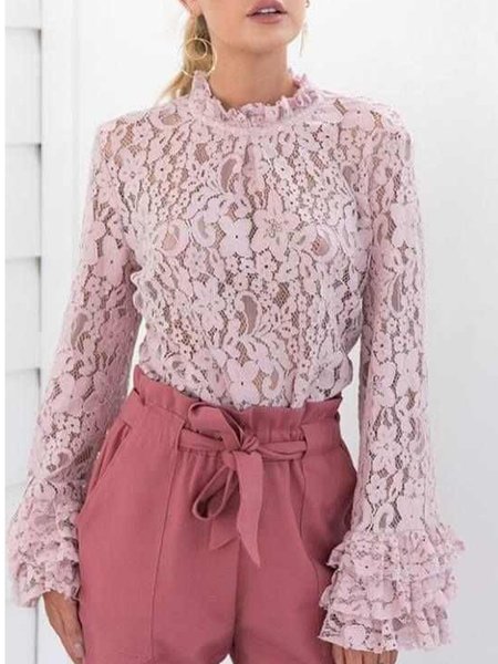 

Sweet Elegant Crew Neck Lace Top, Pink, Blouses and Shirts