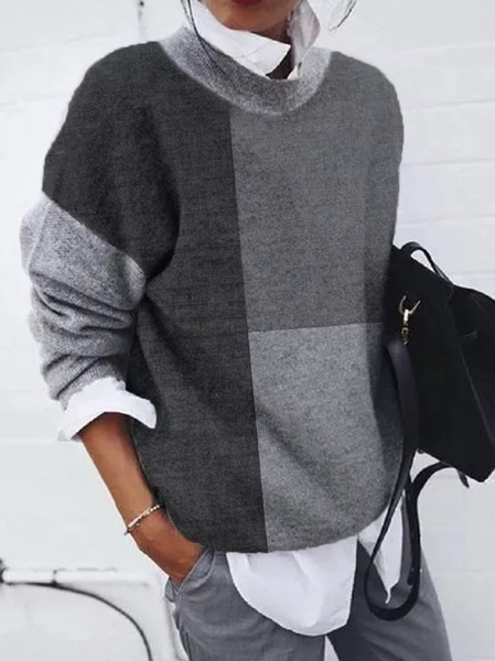 Fashion Color Block Sweater Top Women, Gray, Sweaters