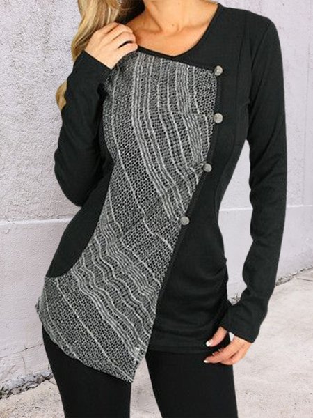 

Plain Crew Neck Casual Shirts & Tops（accessory not included）, Black, Long sleeve tops