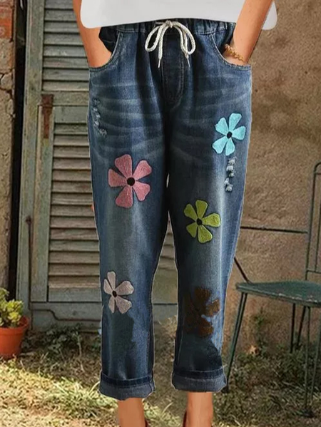 

Loose Pattern Pockets Mid Waist Polyester Jeans Pants, Blue, Pants