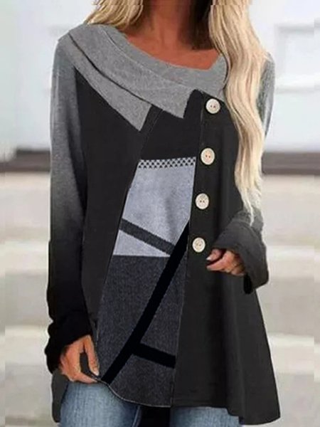 

Loosen Casual Cotton Blends Shirts & Tops, Black-grey, Long sleeve tops