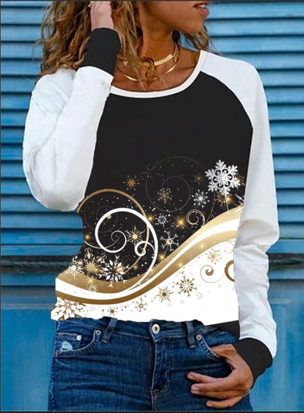 

Geometric Print Casual Round Neck T-Shirts & Tops, Black, Long sleeve tops