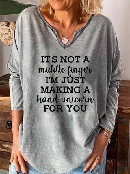

It's Not A Middle Finger Casual Loosen V Neck Tops, Gray, Long sleeves