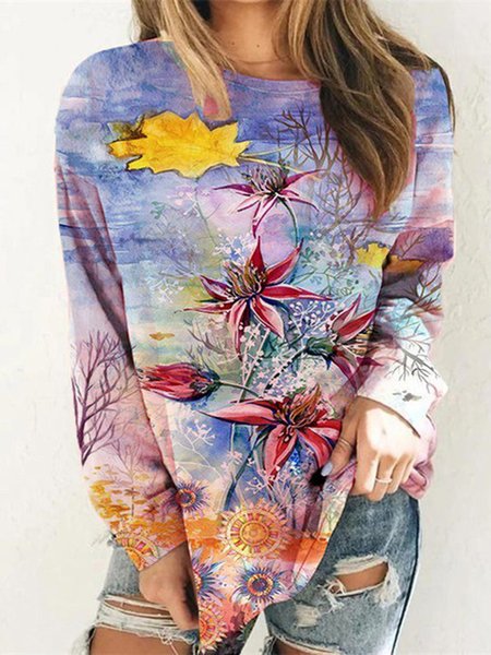 

Floral Crew Neck Casual Loosen Sweatshirt, Multicolor, Sweatshirts & Hoodies