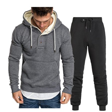 

Men's Plus Cashmere Casual Sports Hooded Suit, Deep gray, Two-pieces