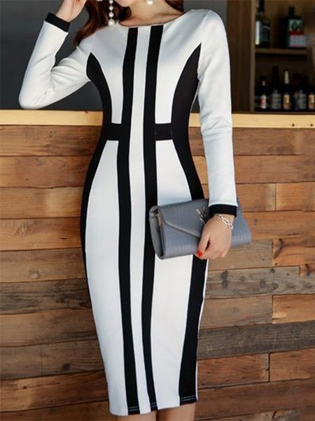 

Lady Long Sleeve Crew Neck Skinny Midi Dress, Black-white, Midi Dresses