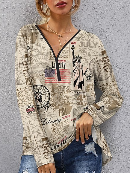 

Vintage V Neck Shirts & Tops Zip-up neckline top with pictorial pattern, Apricot, Long sleeve tops