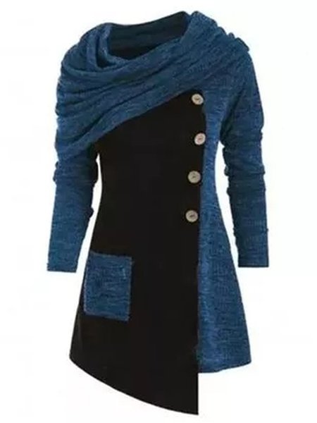 

Regular Fit Patchwork Cowl Neck Shirts & Tops, Blue, Long sleeve tops