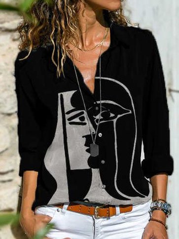 

Abstract Printed Loosen Statement Long Sleeve Shirts & Tops, Black, Shirts & Blouses