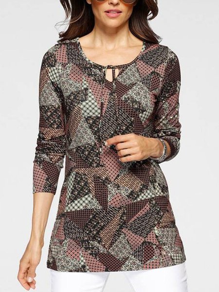 

Floral Casual Notched Shirts & Tops, Black-brown, Long sleeve tops
