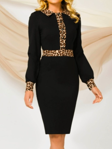 

Elegant Shirt Collar Date Party Daily Long sleeve Dresses, Black-coffee, Midi Dresses
