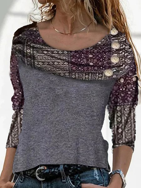 

Loosen Cotton Blends Casual Shirts & Tops, Gray, Long sleeve tops