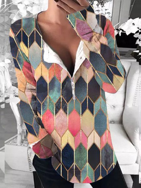 

Casual Loosen Geometric Shirts & Tops, Multicolor, Long sleeve tops