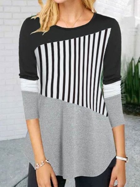 

Vintage Striped Color-block Crew Neck Long Sleeve Plus Size Casual Tops, Multicolor, T-Shirts
