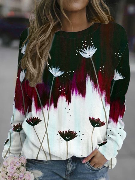 

Floral gradient print round neck long-sleeved sweatshirt, As picture, Hoodies&Sweatshirts
