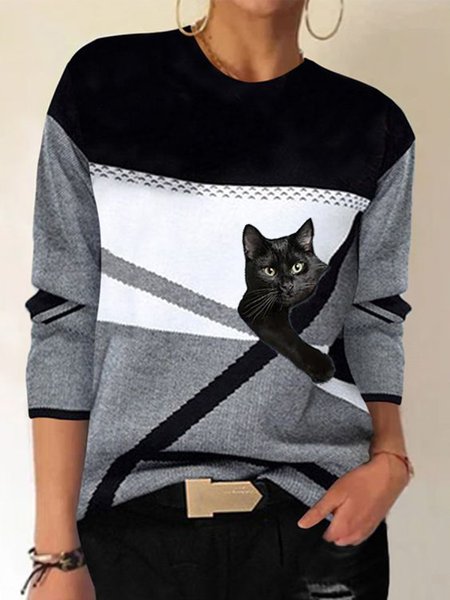 

Loosen Color Block Cat Shirts & Tops, Gray, Long sleeve tops