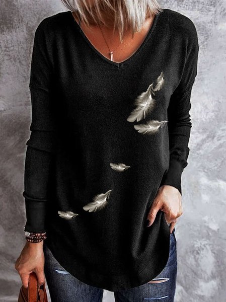 

Basics Feather Print V Neck Shirts & Tops, Black, Long sleeves