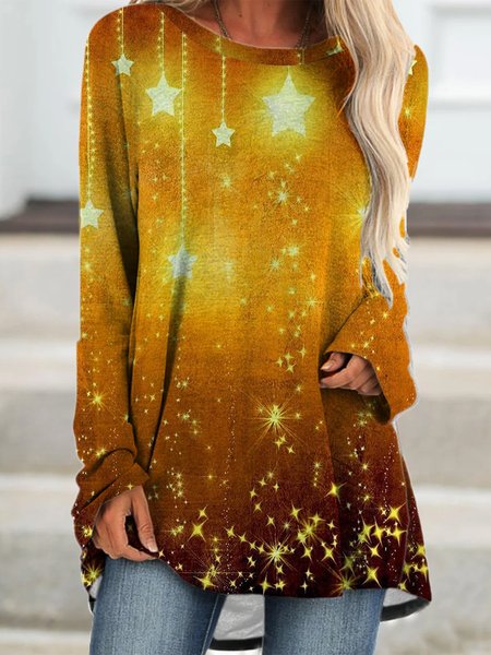 

Christmas Print Long-sleeved Crew Neck Dresses, Golden, Dresses