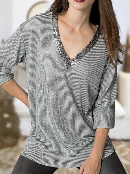 

Casual Loosen Deep V Shirts & Tops（accessory not included）, Deep gray, Long sleeve tops