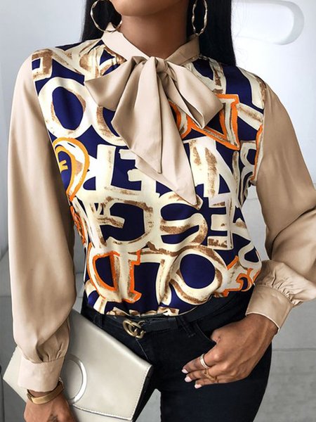 

Work Formal Long Sleeve Printed Bow Top, As picture, Blouses and Shirts