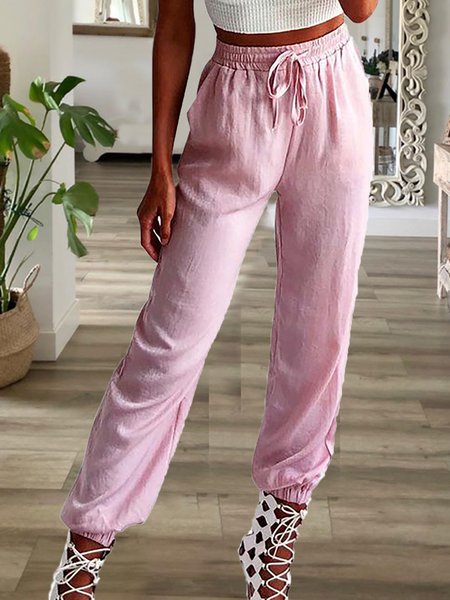 

Pink Elastic Smock Waist Solid Color Casual Pants, Pants