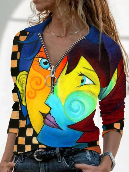 

Casual Long Sleeve Plus Size Printed Tops, As picture, Tops