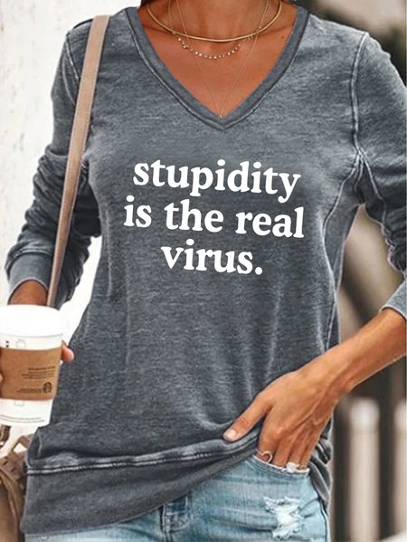 Funny satirical text printed V-neck long-sleeved Sweatshirts, Gray, Hoodies&Sweatshirts
