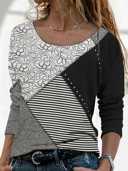 

Long sleeve crew neck geometric loose Print Basic versatile top T-shirt women, Black-white, Long sleeve tops
