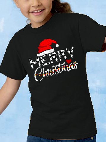 

Christmas print round neck short-sleeved cotton children's T-shirt, Black, Kids