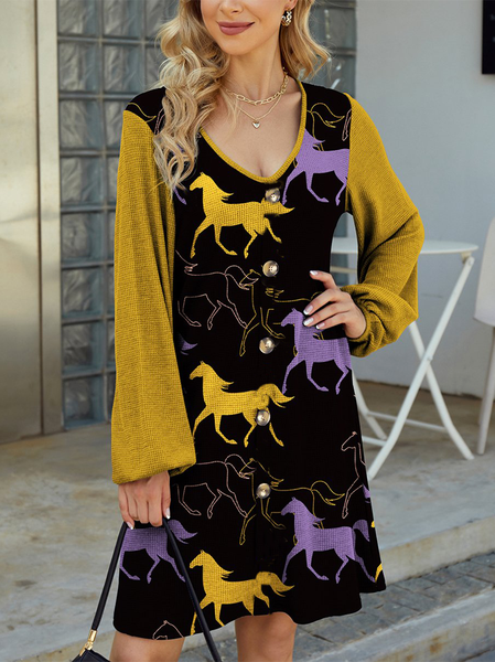 

Bishop Sleeve Vintage Dresses Pony pattern contrast knit dress, Black, Casual Dresses