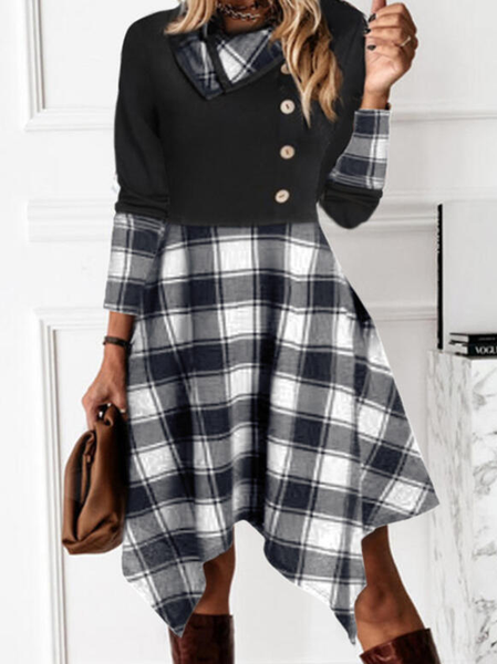 

Color Block/Plaid Long Sleeves A-line Knee Length Casual Skater Dresses, Black, Casual Dresses
