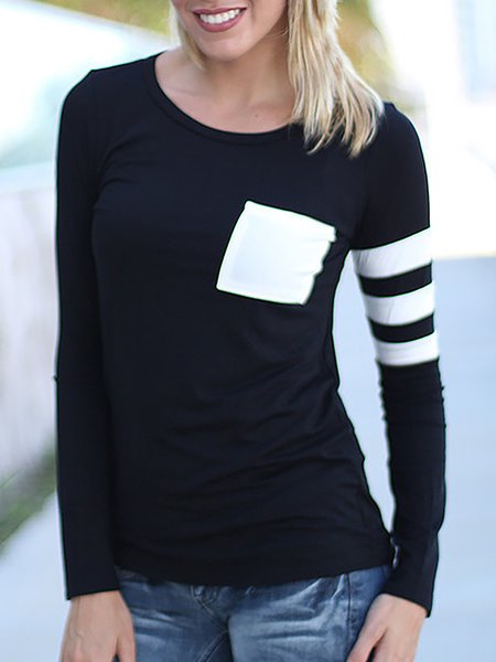 

Regular Fit Crew Neck Striped Solid Long Sleeves Tops, Black, Tops