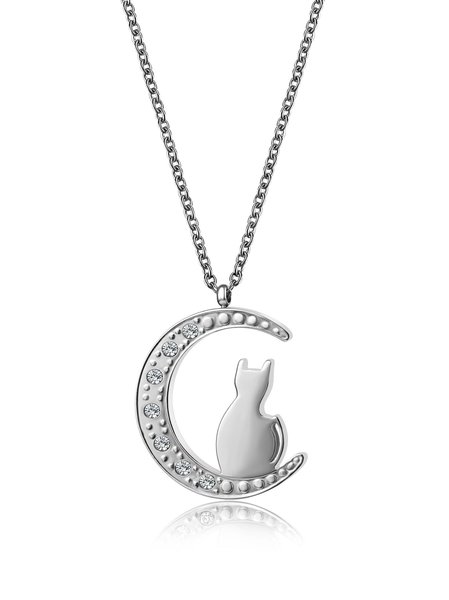 

Simple Cat Moon Rhinestone Necklace, White, Necklaces